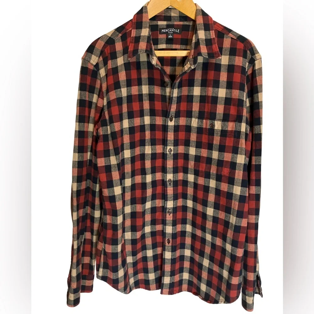 J. Crew Merchantile Flex L Rugged Suede Elbow Patch Plaid Tan Navy Rust Shirt